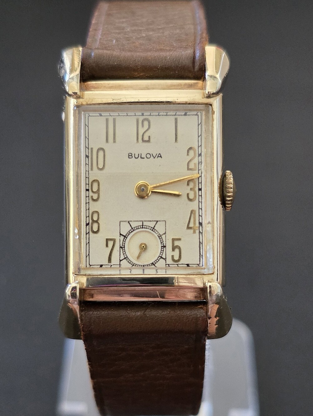 VTG Bulova 7AK 21 Jewels 10K Gold Filled U.S.A. 21mm Tank Watch Art Deco RUNS